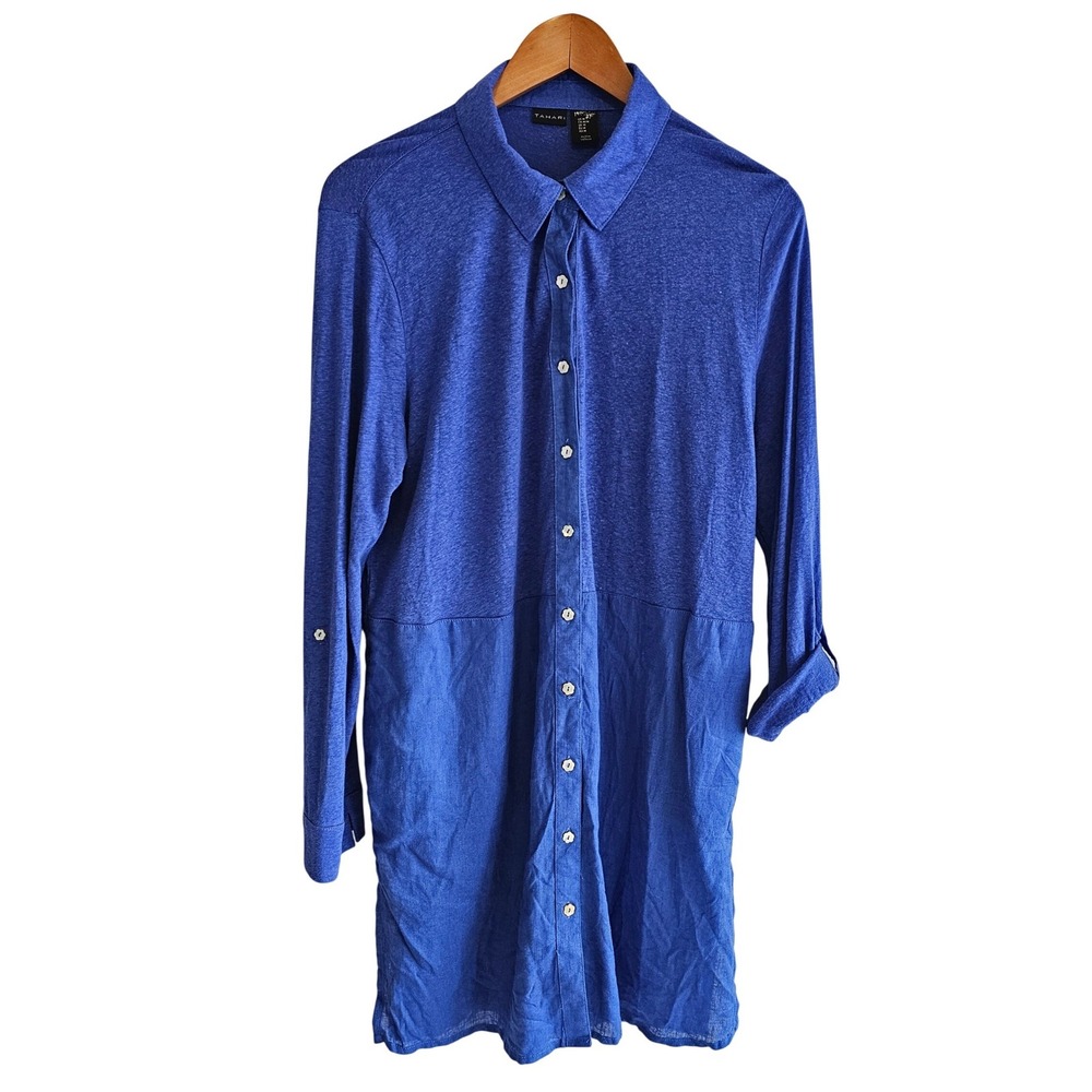 Tahari Tunic Shirt M Blue Linen Blend Flower Button Roll Tab Coastal Artsy‎ Boho